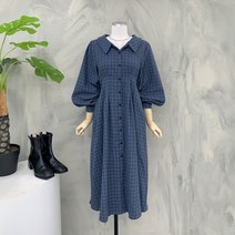 [행복여] 쁘띠 카라 체크 단추 벌룬 소매 플레어 원피스