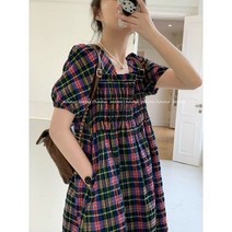 격자 무늬 스퀘어 칼라 주름 드레스 컬러 풀 여름 뉴 레트로 텍스처 2022 108375