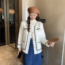 위위브렌 여성용 캐주얼 라운드넥 진주 단추 트위드 재킷
