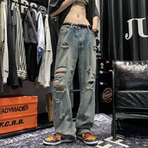 남성 가을 루즈한 트렌드 찢어진 청바지 레트로 스트레이트 팬츠