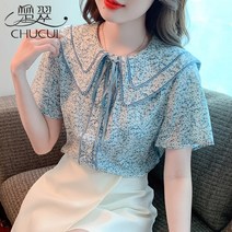 빅카라 블라우스 둥근카라블라우스 브이넥 셔츠 큰 칼라 꽃 쉬폰 여성 반팔 여름 탑 인형 넥좋은 작은