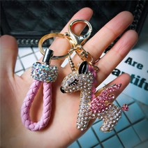 다이아몬드 열쇠고리 창의 물 다이아몬드 차 열쇠 액세서리 전기 도금 합금 말 신수 액세서리 남녀, 핑크+가죽 끈
