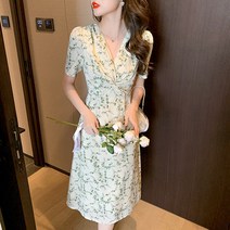 FLI Mrs. Island GE First Loves Gentle Breeze ins 녹색 꽃 스커트 V- 넥 드레스 짧은 -슬리브 시폰 A- 라인 여성 여름 ZA-239165