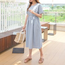 데일리앤 로니 린넨 라운드 반팔 허리스트링 원피스