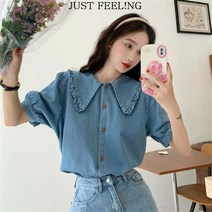 JUST FEEL!NG여름 프렌치 빈티지 퍼프 슬리브 디자인 반팔 데님 블라우스 봄 가을 피터팬 칼라 상의