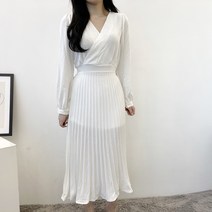 VANANA2 여성 청순 데일리 쉬폰 플리츠 브이넥 랩 뒷리본 롱원피스