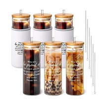 Jinei 6팩 감사 선물 벌크 502 8ml(17온스) 유리 텀블러 음료 글라스 컵 대나무 뚜껑 빨대 및 단열 슬리브 아이스 커피 컵 동료 직원 자원 봉사자를 위한