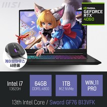 MSI Sword GF76 B13VFK 인텔 13세대 i7-13620H RTX4060 [이벤트 한정특가 / 사은품증정], WIN11 Pro, 64GB, 1TB, 코어i7, 블랙