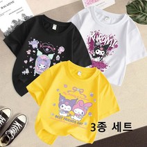 [티레오] 봄신상 1+1투피스 여름 아동용 반팔 티셔츠 3종 세트 큐티 산리오 날염 마이멜로디 쿠로미 시나모롤 여아 옷 패턴 면 티셔츠 쾌적하게 통기하다 주니어 초등학생 티셔츠