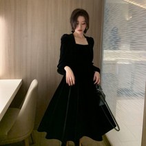 JBzm-shop셋업 벨벳 클래식 여성스러운 스퀘어넥 블랙 원피스