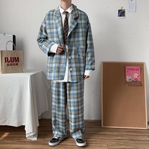 캐주얼 양복 세트 남성 가을 항풍 ins 루즈핏 체크 양바지 트렌드 코트 디자인감 두 벌