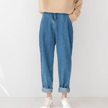 여자핀턱배기청바지 중청 1P 오버핏 스판 데님청바지
