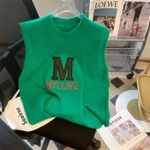 하프 레터링 자수 스웨터 조끼 여 아우터 루즈핏 나른한 바람 레이어드 민소매 니트 나시