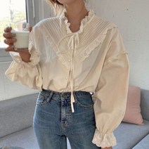 퐁순싸롱 레이스 셔링 벌룬 퍼프 흰 셔츠 보헤미안 블라우스 YJ