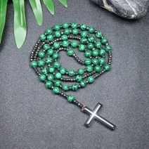 천주교 천연 석재 Selenite 비즈 목걸이 가톨릭 그리스도 묵주 Hematite 십자가 펜던트 여성을위한 남성 쥬얼리, 28.Malachite