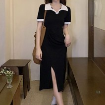 카라 배색 원피스 사이드 슬릿 긴다리 신축성 데일리 하객 플라워 미니 쉬폰 셔츠 원피스