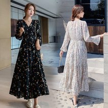 여성 데일리 화사한 드레스 브이넥 꽃무늬 롱 원피스