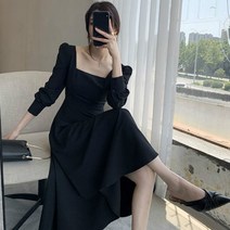 솔리드 드레스 여성 스퀘어 칼라 기질 로맨틱 긴 소매 빈티지 미디 시크 슬림 프렌치 스타일 세련된