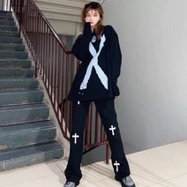 고가 VIBE 무드 흑백 십자가 청바지 아메카지스타일 HIPHOP 눈길을 끄는 여성 트렌드 팬츠