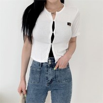 여자 언발란스 데일리 페미닌 라벨 버튼 반팔 가디건