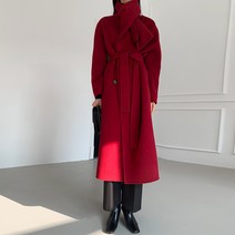 핸드 스티치 핸드메이드 양면 캐시미어 코트 여 하프 머플러 넥 루즈핏 스트링 양면 울 코트69212