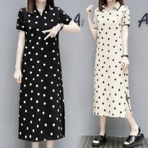 바비썬 F501 땡땡이 여성 여름 반팔 롱원피스(~4XL까지)캐주얼 귀여운 도트프린팅 캐주얼 데이리 반소매 롱티셔츠