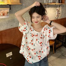 퐁순싸롱 귀여운 복고풍 블랙 체리 퍼프 반팔 블라우스 SH