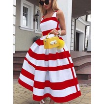 여성용 오프숄더 롱 파티 드레스 스트라이프 프린트 민소매 세련된 A 라인 서스펜더 비치 여름 패션, 02 Red+XL