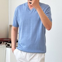 핏콕 남성용 린넨 니트 반팔 브이넥 티셔츠 빅사이즈