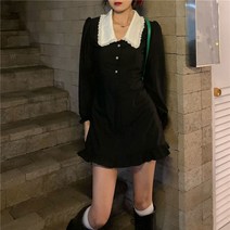 원피스QWEEK 여성용 빈티지 블랙 미니 드레스 프렌치 레이스 피터팬 칼라 러플 숏 바디콘 랩 로브 패션 가