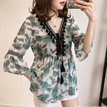 모던지 카라 솔 레이스 쉬폰 린넨 블라우스 티셔츠