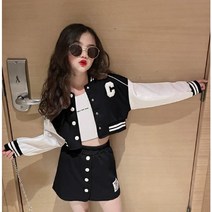 드리머 주니어 여아 봄가을신상 야구점퍼투피스 여아 크롭자켓 블랙 댄스동아리 단체복 발표회 촬영룩 댄스복 바로발송 크롭배색점퍼투피스