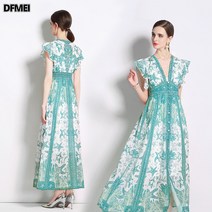 DFMEI 여성 깊은 브이넥 바캉스룩 쉬폰 프릴 소매 프린트 롱 원피스