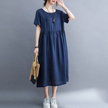 중년 여성 빅사이즈 여름 시원한 라운드넥 면 린넨 루즈핏 반팔 롱 원피스