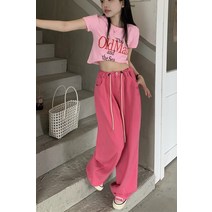 레터링 프린트 쇼트 t 패션 스트링 와이드 슬랙스