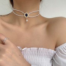 실버 목걸이 와이프생일선물 50대 엄마 갑상선 학생 여자친구 MENGJIQIAO-여성을 위한 빈티지 스타일 네이비 크리스탈 진주 2 겹 초커 파티 쥬얼리 Kolye 선물