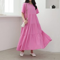 여성 비비드 더블 캉캉 오버핏 라운드 반팔 롱원피스