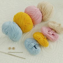 HAGT 아기덧신 손뜨개 태교 뜨개질 DIY 키트 신발뜨기, 실(핑크)+단추1쌍+바늘2개