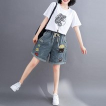 F43AZ7TG 여성 빅사이즈 바지 데일리 캐주얼 여름 루즈핏 패션 밴딩 청반바지 5부