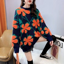 도오빠 디피알 여성 니트 스웨터 라운드넥 오버핏 긴팔 티셔츠 니트티 꽃무늬 뽀글이 긴팔티 여자니트티