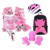 [인라인세트] 사이즈 조절형 아동용 발광바퀴 인라인 스케이트 헬멧 보호대 가방, 스마트 핑크