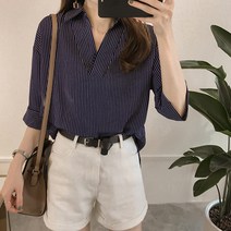 패션디바 여성 체프 스트라이프 7부 카라 오버핏 블라우스