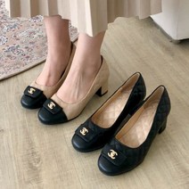 발편한 오피스룩 퀼팅 정장 청키굽 하이힐 투톤 구두 펌프스 블랙 베이지 5cm
