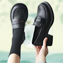 둥근코 심플 금장라인 청키힐 여성 로퍼 에나멜 발편한 구두 6cm ME114