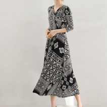 프롬코 여성 에스닉 브이넥 스판 미디 롱 원피스 [자체제작 FRC41]