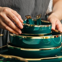 북유럽 에메랄드 그린 골드라인 그릇 접시 딥플레이트 2P 세트, 에메랄드 9인치 딥 접시(2개)