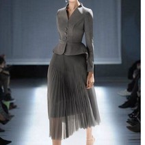 하이퀄리티 정장 투피스 세트 플리츠 롱 그레이 노 카라 자켓 원피스 아나운서 몸매 보정 하객룩 상견례 옷차림 돌잔치 베이비돌 연예인 착용