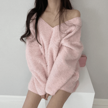 청순 눈꽃 퍼 니트 티 루즈 핏 오버 박시 뽀글이 양털 오프숄더 브이넥 봄 가을 겨울