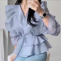 시크해 3845 브이넥 연꽃블라우스 여성 여자 쉬폰 프릴 가을블라우스 긴팔 데일리 하객룩 퍼프 리본 루즈 브이넥 파스텔톤