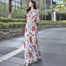 빅사이즈 꽃무늬 원피스 2022 봄 여성 쉬폰 꽃 슬림 허리 긴 소매 맥시 드레스 하와이 방콕 플러스 사이즈